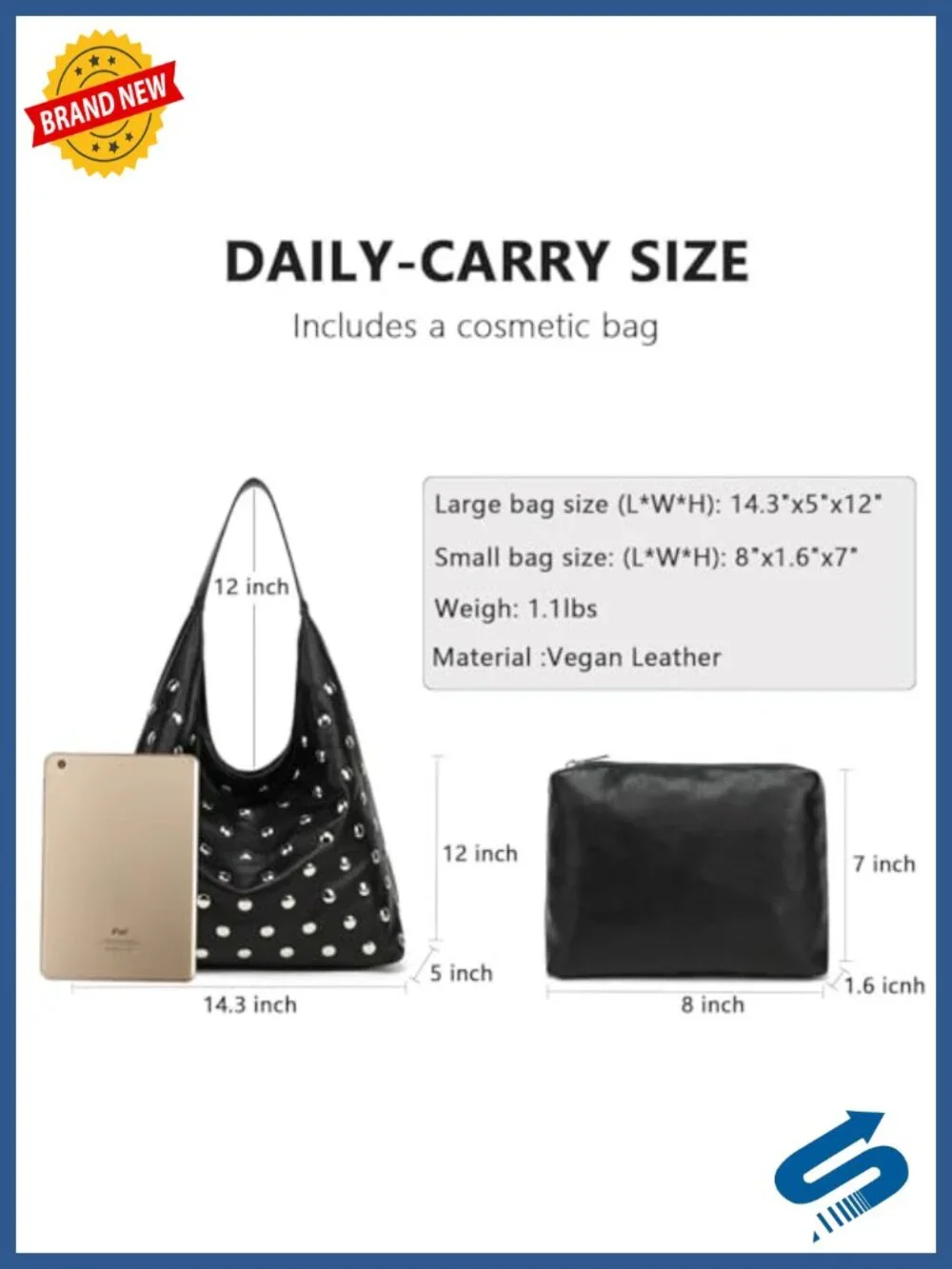 Studded Hobo Bag Vegan Leather Tote Slouchy Shoulder Purse